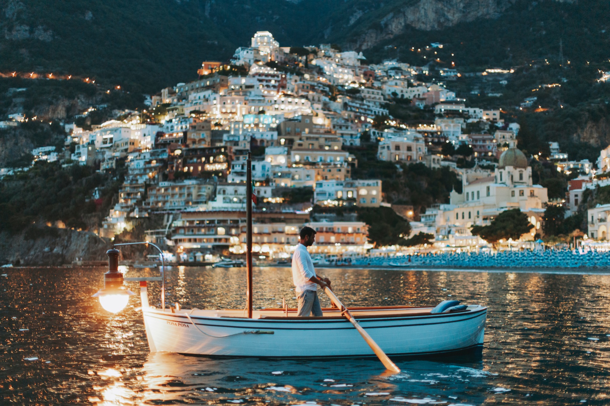 Couple celebrating a proposal at blue hour